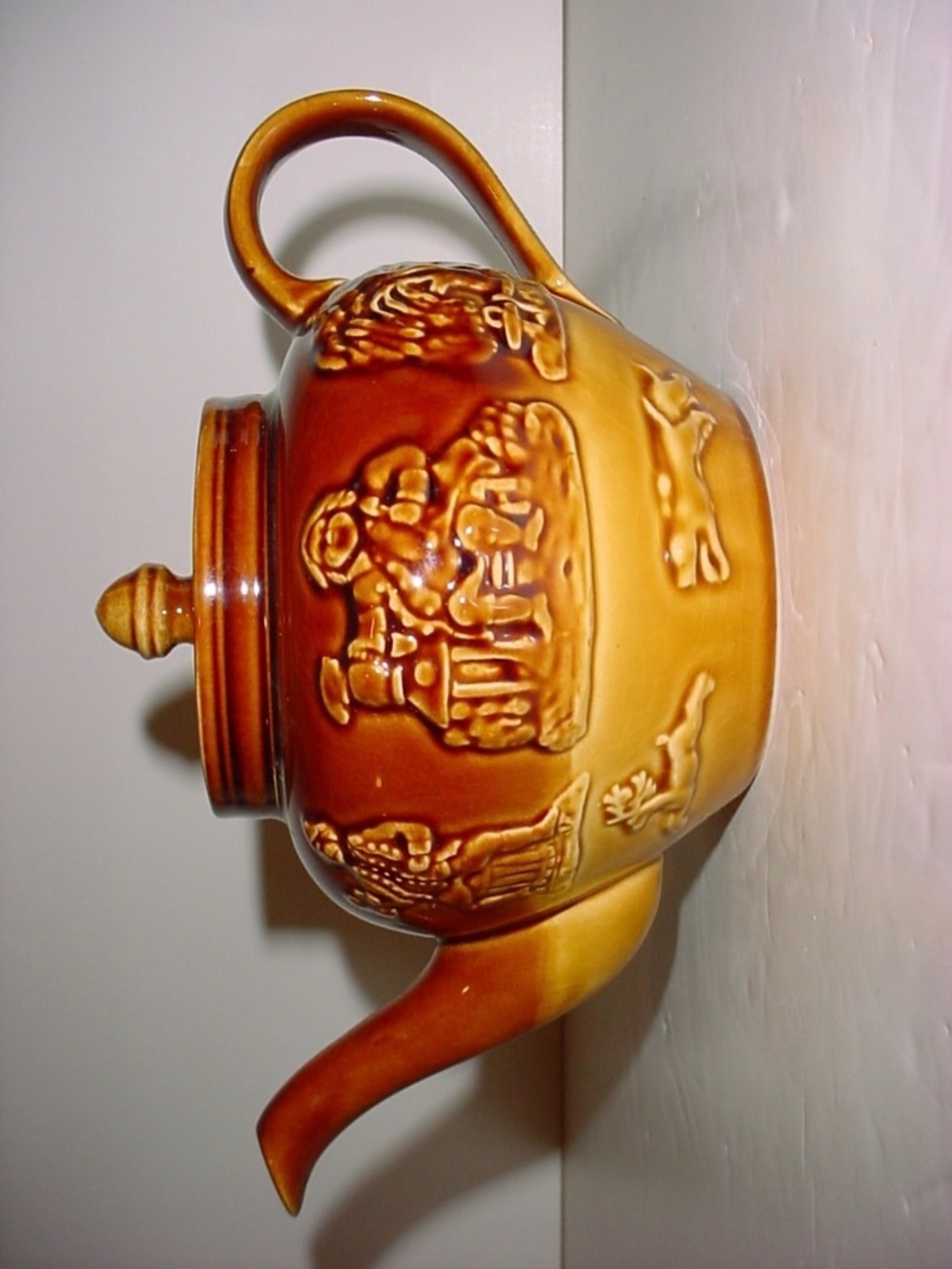 Antique Lambeth Arthur Wood Brown Teapot w Embossed Hunting Dogs Harvest England